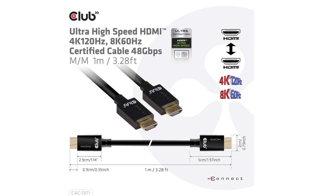 Club 3D Câble Ultra High Speed 4K120Hz, 8K60Hz HDMI 2.1 - HDMI, 1 m