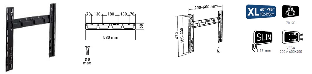 Support mural fixe EXTRA-SLIM 40'' à 75&quot; (109 à 190cm) ERARD