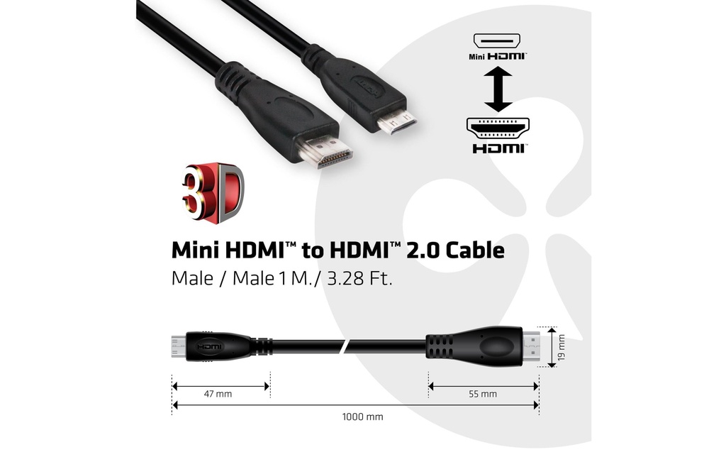 Club 3D Câble Mini-HDMI – HDMI 2.0, 1 m