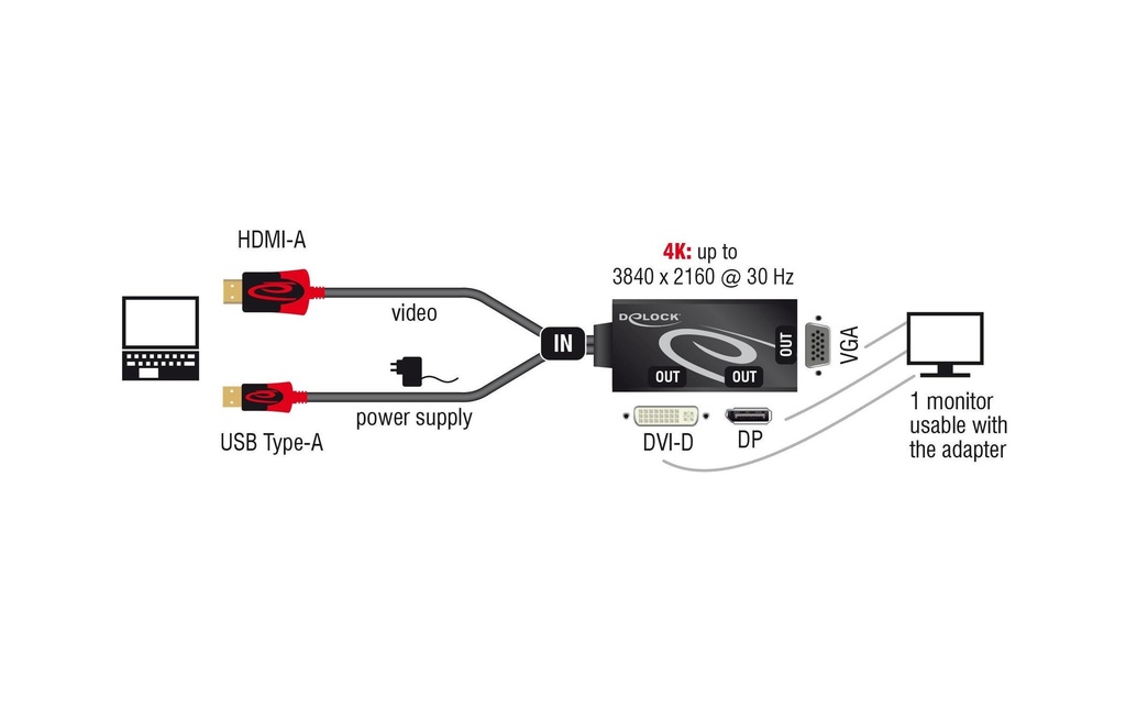 Delock Adaptateur 4K, 30HZ HDMI/USB 2.0 - DVI-D/VGA/DisplayPort