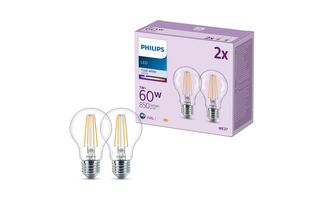 Philips Lampe LED classic 60W A60 E27 CW CLND 2CT/6 EC Blanc neutre (NW)