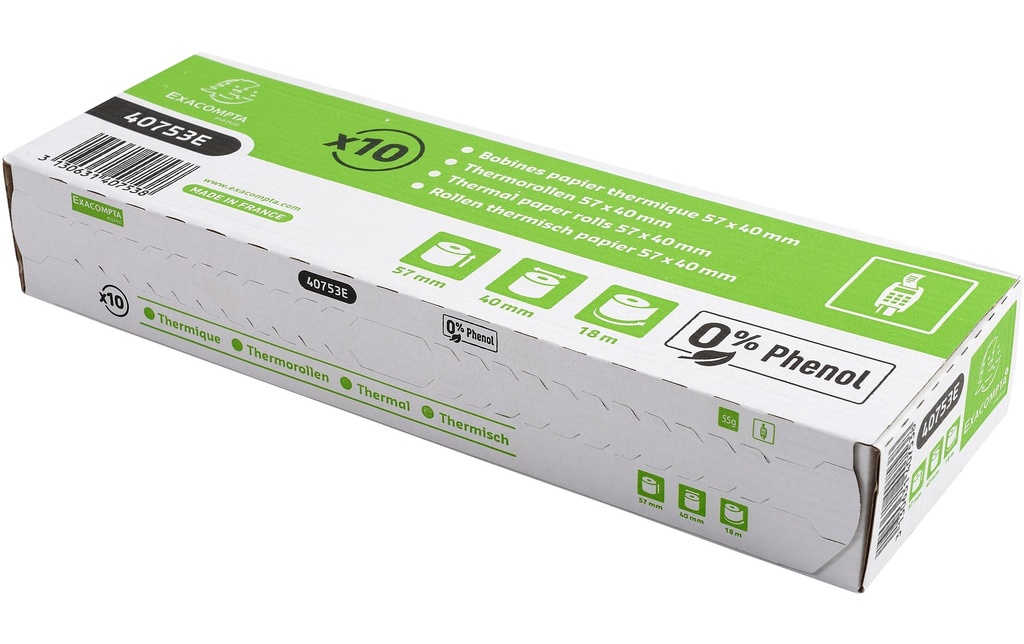Exacompta Rouleau de papier thermique 57 x 40 x 12 mm, 18 m, 10 pièces