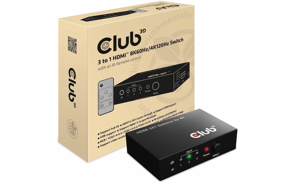 Club 3D 3 Port HDMI commutateur résolutions vidéo jusqu'à à 8K60Hz ou 4K120Hz